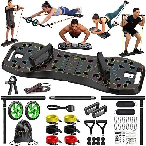 LALAHIGH Portable Home Gym System: Large Compact Push Up Board, Pilates Bar & 20 Fitness Accessori