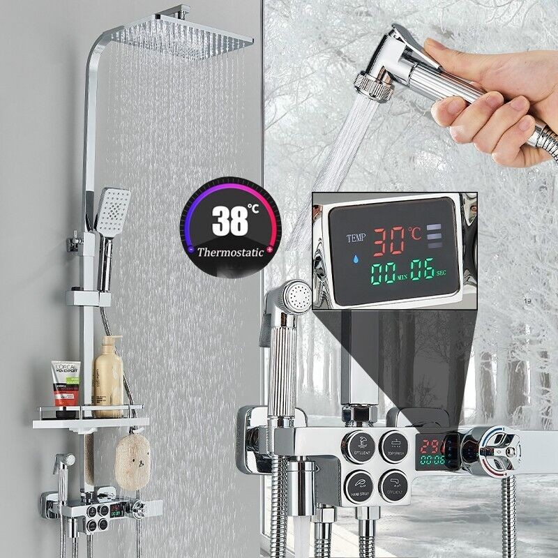 Modern Thermostatic Exposed Bathroom Shower Twin Head Bar Set Mixer Square Valve