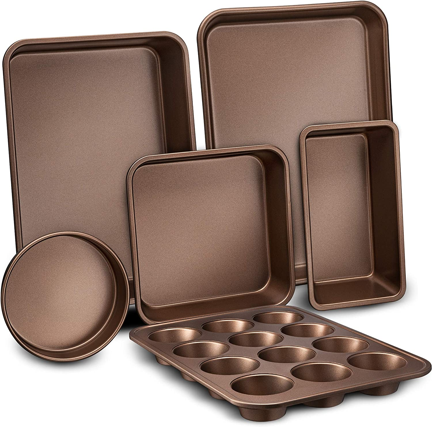 6-Pcs Nonstick Bakeware Set Baking Sheets, Non-Grease Cookie Trays, Wide & Squar