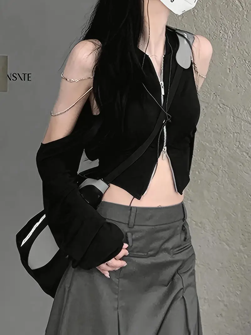 Solid Zipper Chain Decor Crop Top, Versatile Cut Out Long Sleeve Top For Spring & Fall, Women's Clothinghjhj
