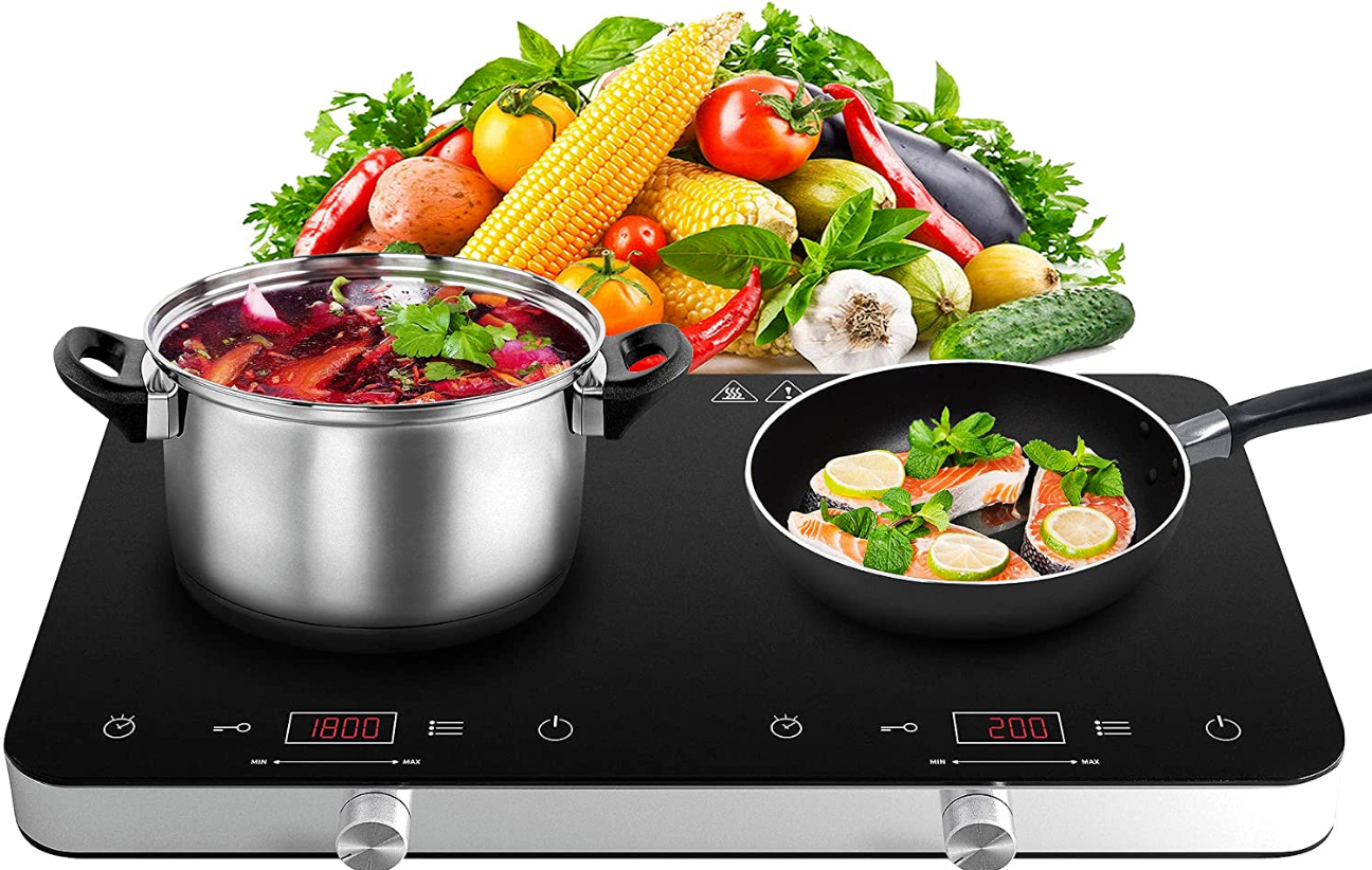 Double Induction Cooktop Burner, 1800W 2 Burner Induction Cooker Cooktop, 10 Tem